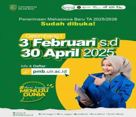 Universitas Islam Riau (UIR) secara resmi membuka pendaftaran mahasiswa baru untuk tahun ajaran 2025/2026. (Foto: Istimewa)